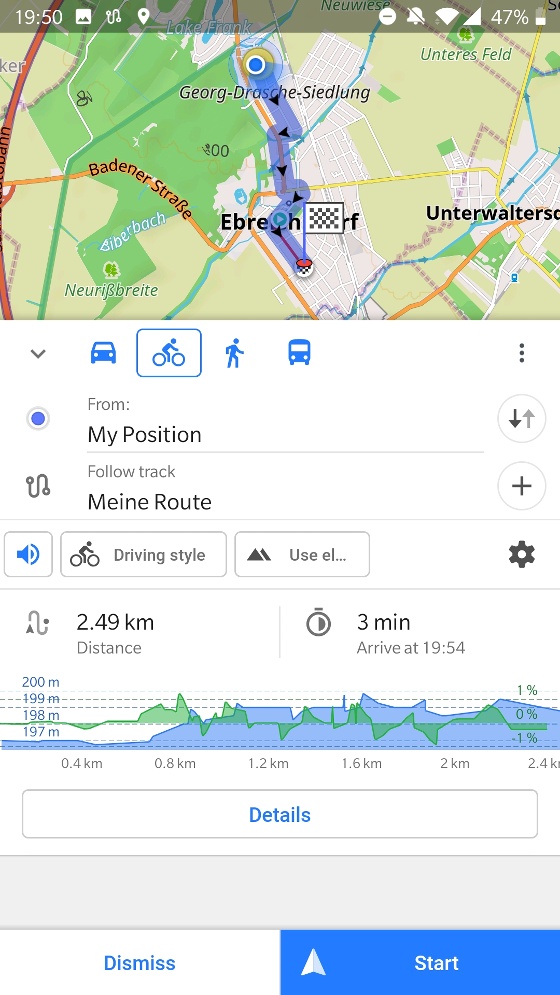 OsmAnd bereit zum Starten der Navigation