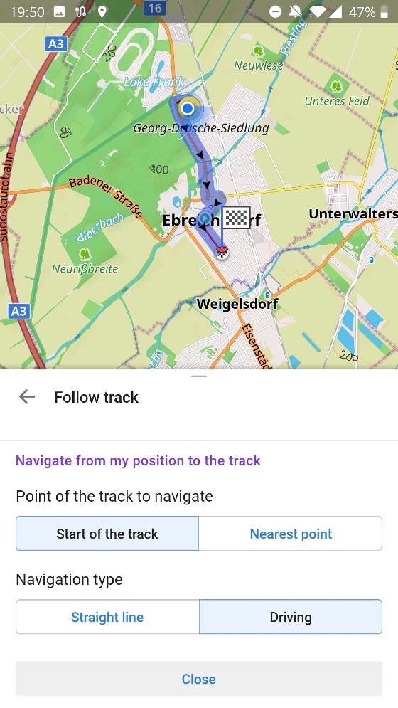 OsmAnd Einstellung das Route bei GPX Track Startpunkt beginnt.