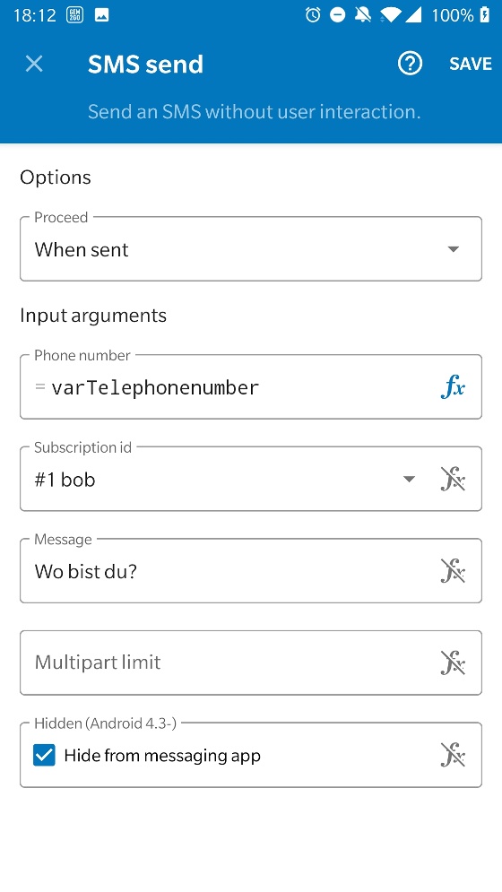 Funktionsblock zum Versenden der Anfrage-SMS