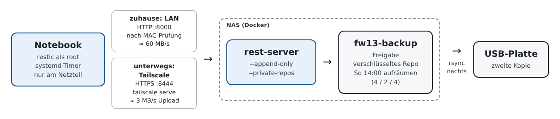 Ablaufdiagramm vom Notebook über LAN oder Tailscale zum rest-server auf dem NAS und weiter zur USB-Platte
