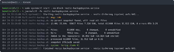 Terminal mit journalctl-Ausgabe einer restic-Sicherung